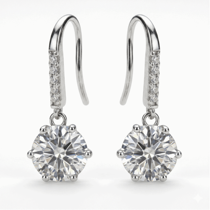 Moissanite Six‑Prong Drop Hook Earrings