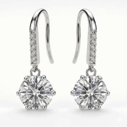 Moissanite Six‑Prong Drop Hook Earrings