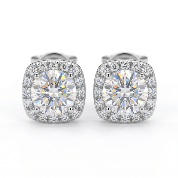 Moissanite Cushion Halo Stud Earrings – 2.0ct DEF, Sterling Silver
