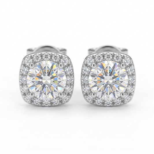 Moissanite Cushion Halo Stud Earrings – 2.0ct DEF, Sterling Silver