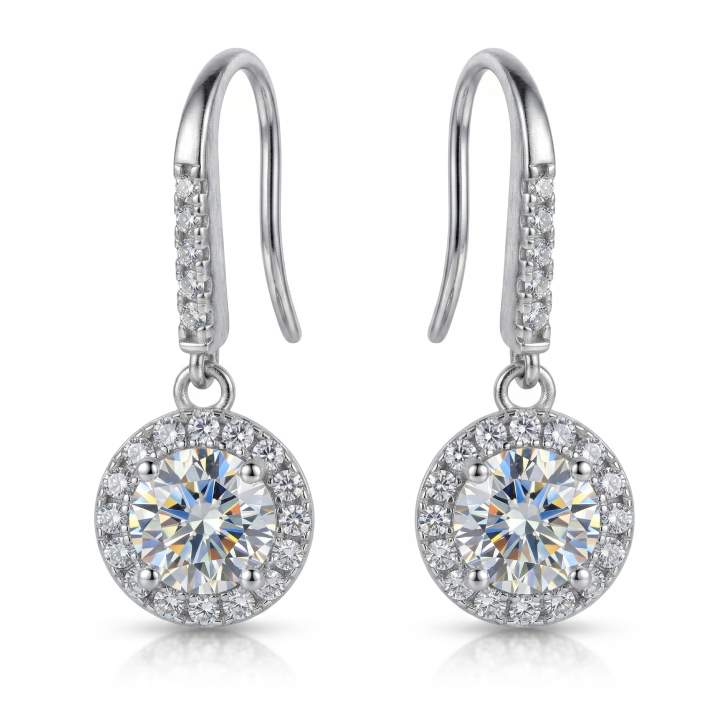 Moissanite Round Halo Drop Hook Earrings