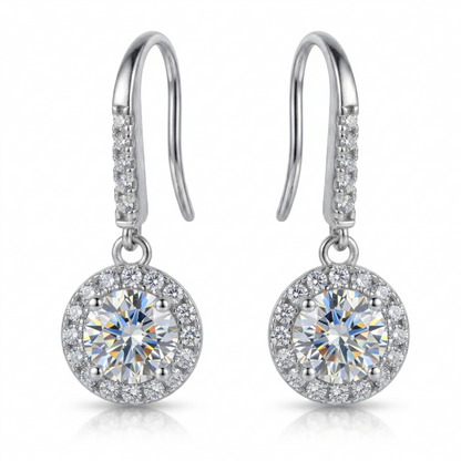 Moissanite Round Halo Drop Hook Earrings