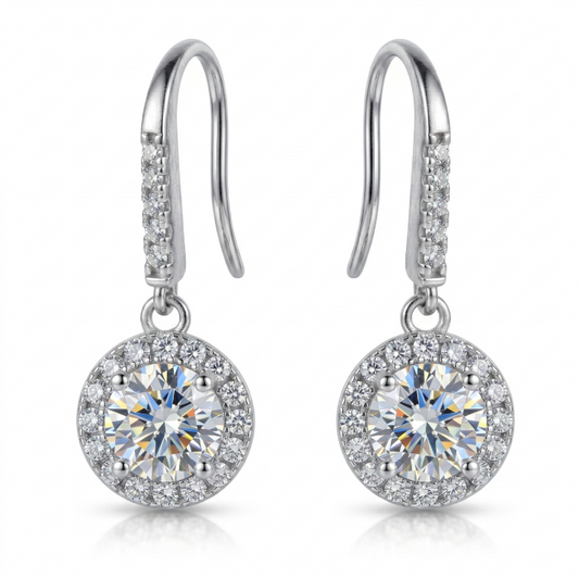 Moissanite Round Halo Drop Hook Earrings