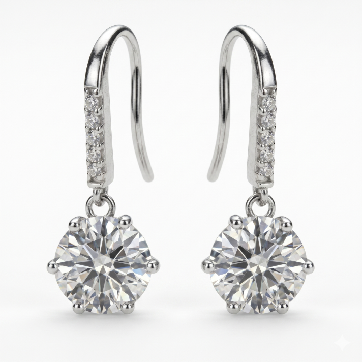 Moissanite Six‑Prong Drop Hook Earrings – 2.0ct Total (6.5mm), Sterling Silver