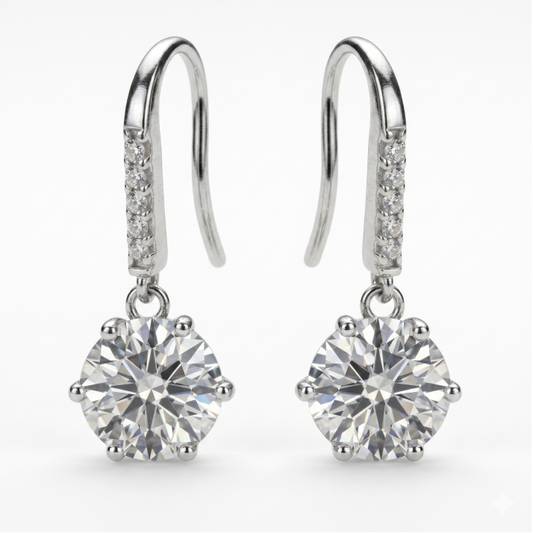 Moissanite Six‑Prong Drop Hook Earrings – 2.0ct Total (6.5mm), Sterling Silver