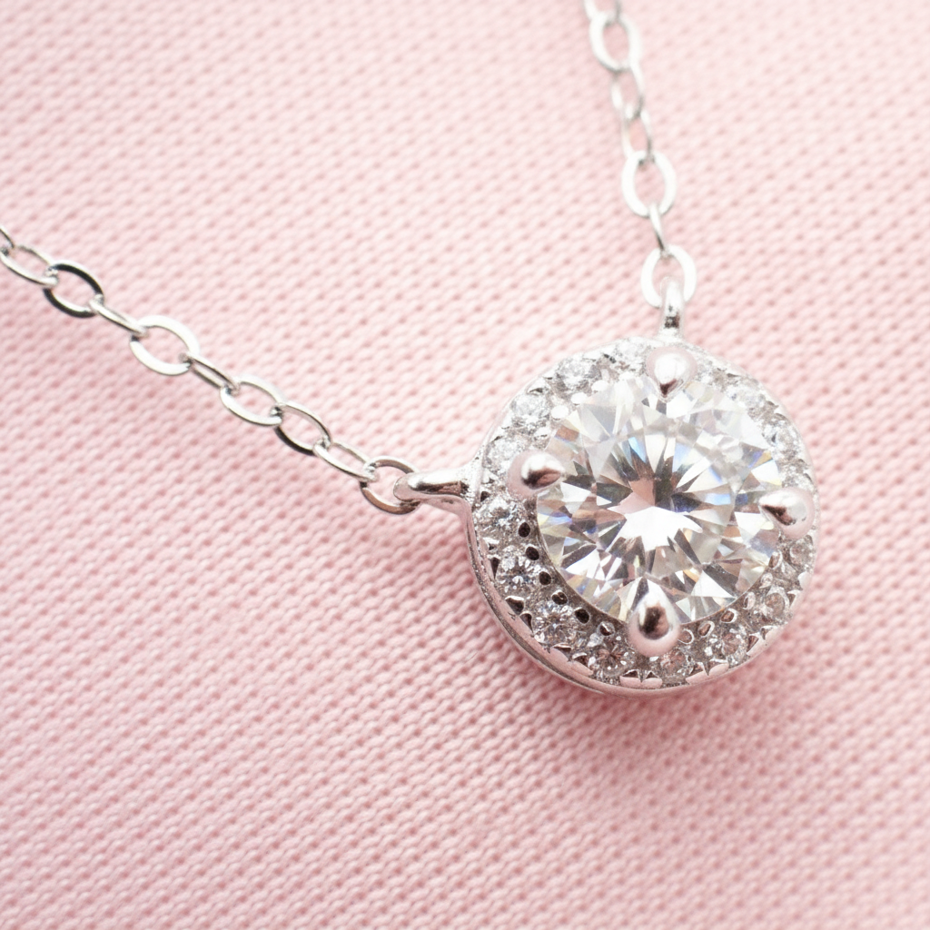 Diamond Halo Pendant Necklace - Sterling Silver
