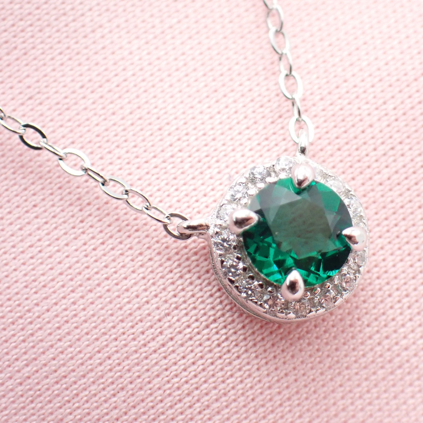 Emerald Halo Pendant Necklace - Sterling Silver