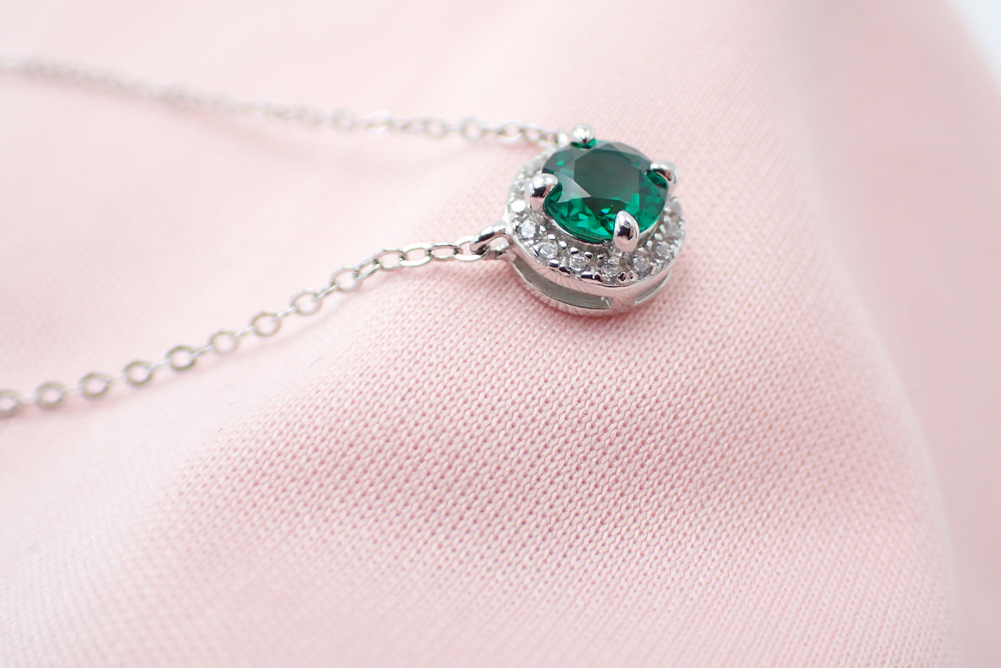 Emerald Halo Pendant Necklace - Sterling Silver