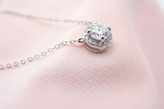 Diamond Halo Pendant Necklace - Sterling Silver