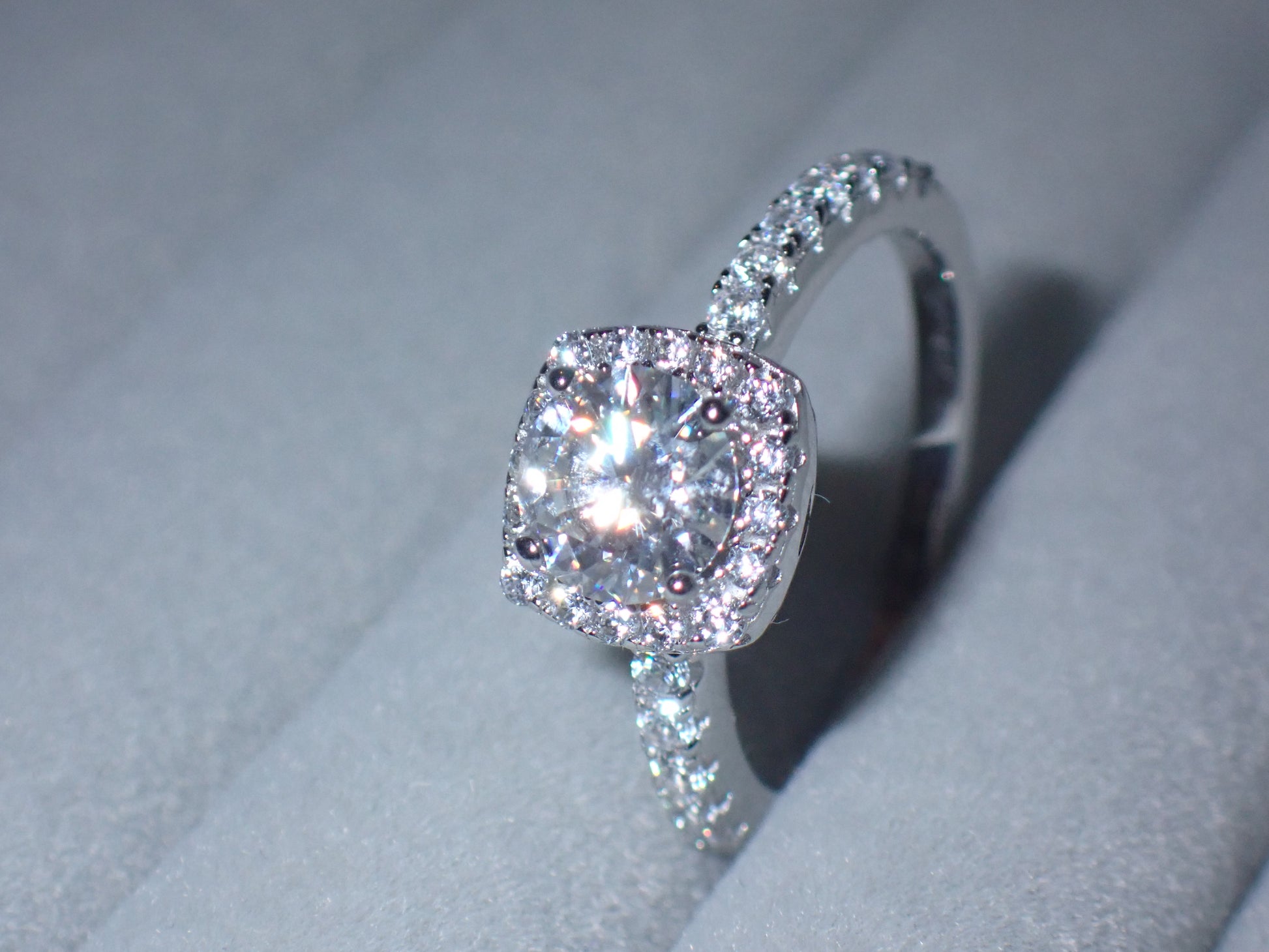 Cushion Halo Moissanite Ring with Pavé Band – 1.0ct -  Mara & Co UK