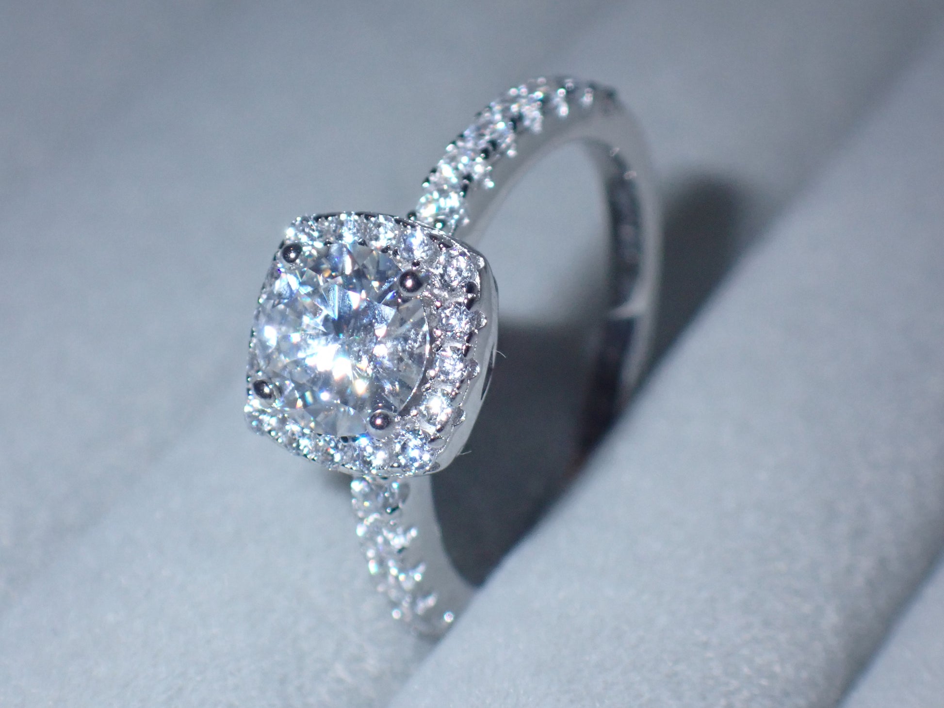 Cushion Halo Moissanite Ring with Pavé Band – 1.0ct -  Mara & Co UK