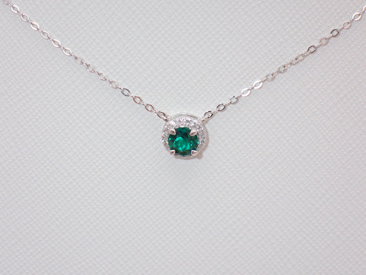 Emerald Halo Pendant Necklace - Sterling Silver