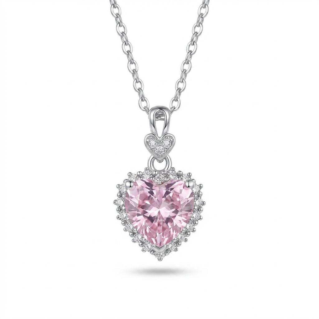 Pink Crushed Ice CZ Heart Necklace – Moissanite Halo, Sterling Silver