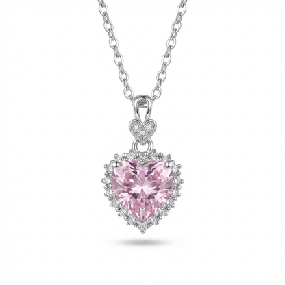 Pink Crushed Ice CZ Heart Necklace – Moissanite Halo, Sterling Silver
