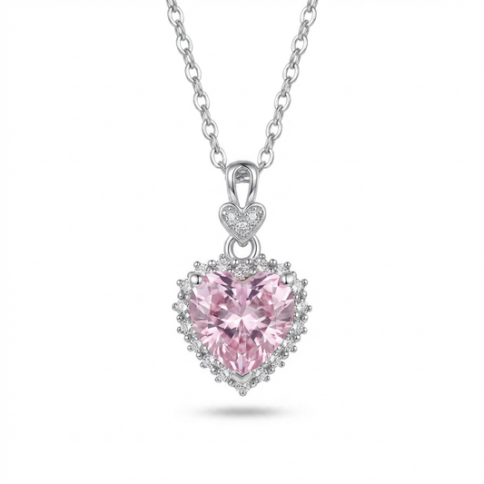 Pink Crushed Ice CZ Heart Necklace – Moissanite Halo, Sterling Silver