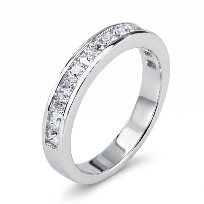 Princess Cut Moissanite Half Eternity Band – 0.585ct, White Gold Plated