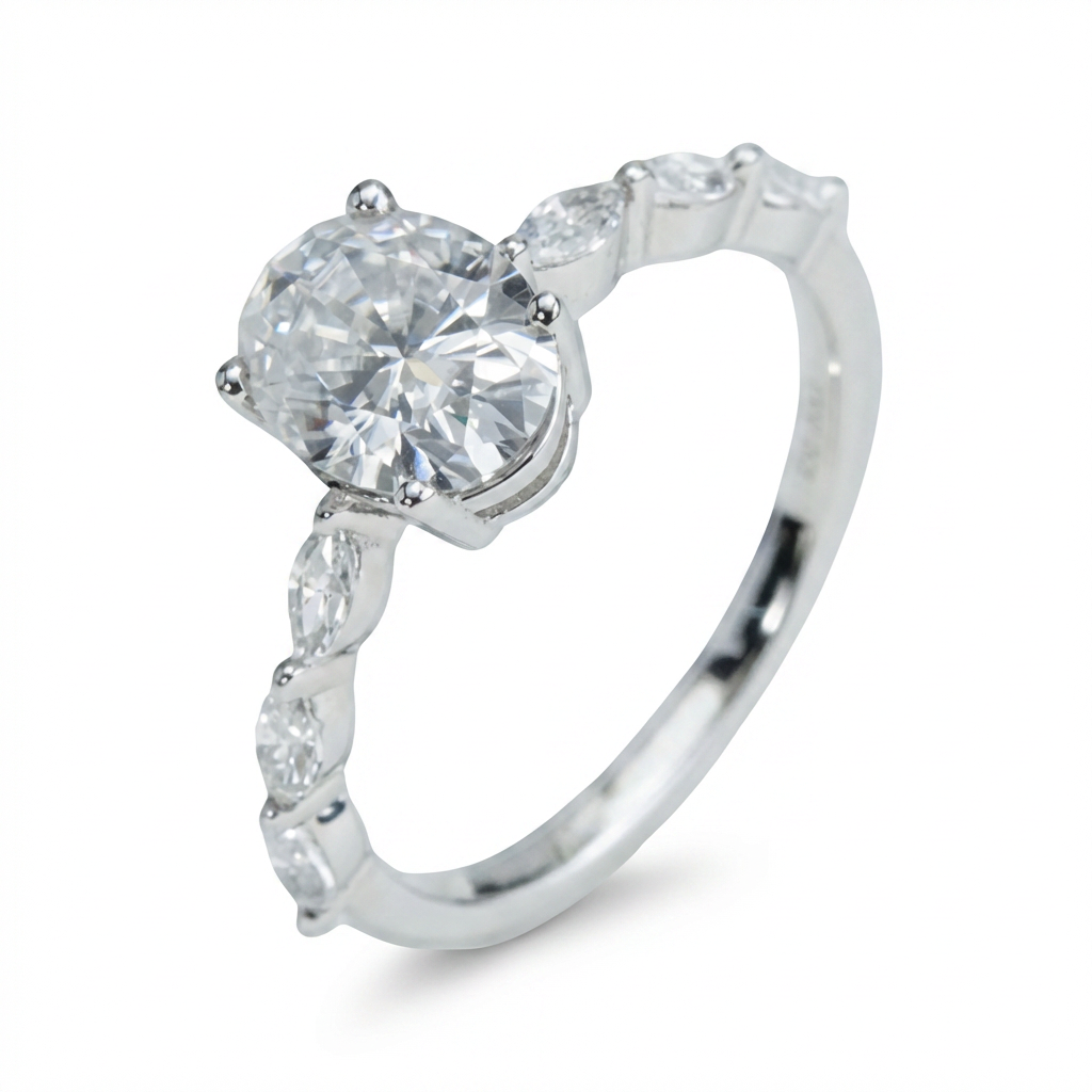 Oval Moissanite & Marquise CZ Accents Ring – 2.0ct, Sterling Silver