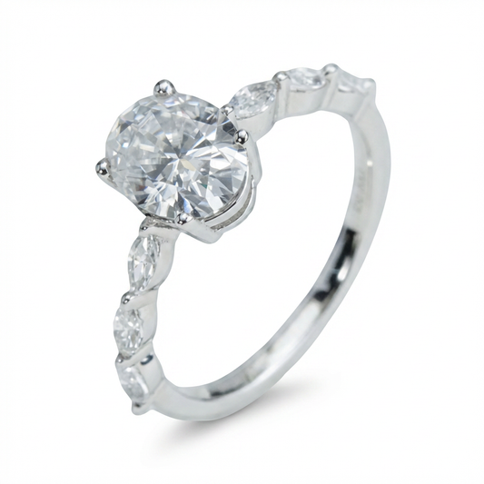 Oval Moissanite & Marquise CZ Accents Ring – 2.0ct, Sterling Silver