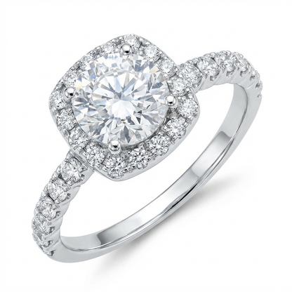 Cushion Halo Moissanite Ring with Pavé Band – 1.0ct