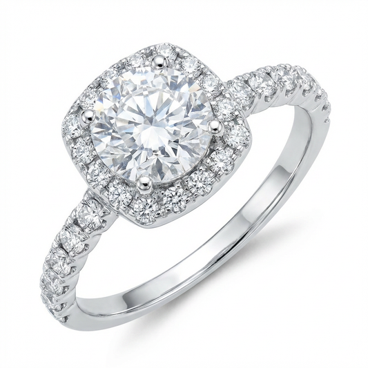 Cushion Halo Moissanite Ring with Pavé Band – 1.0ct