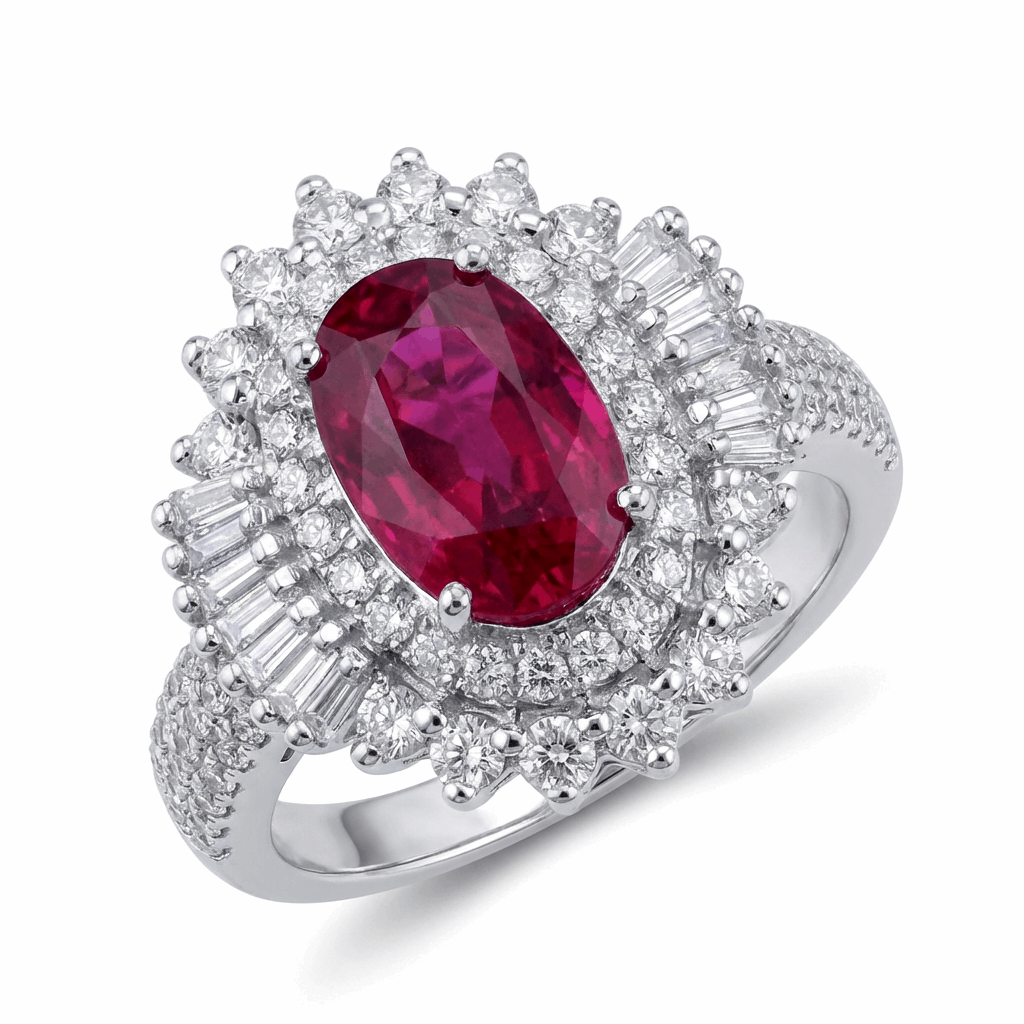 Vivid Ruby & Diamond Halo Ring – 2.08ct Ruby, 18K White Gold