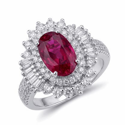 Vivid Ruby & Diamond Halo Ring – 2.08ct Ruby, 18K White Gold