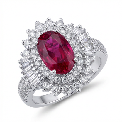 Vivid Ruby & Diamond Halo Ring – 2.08ct Ruby, 18K White Gold