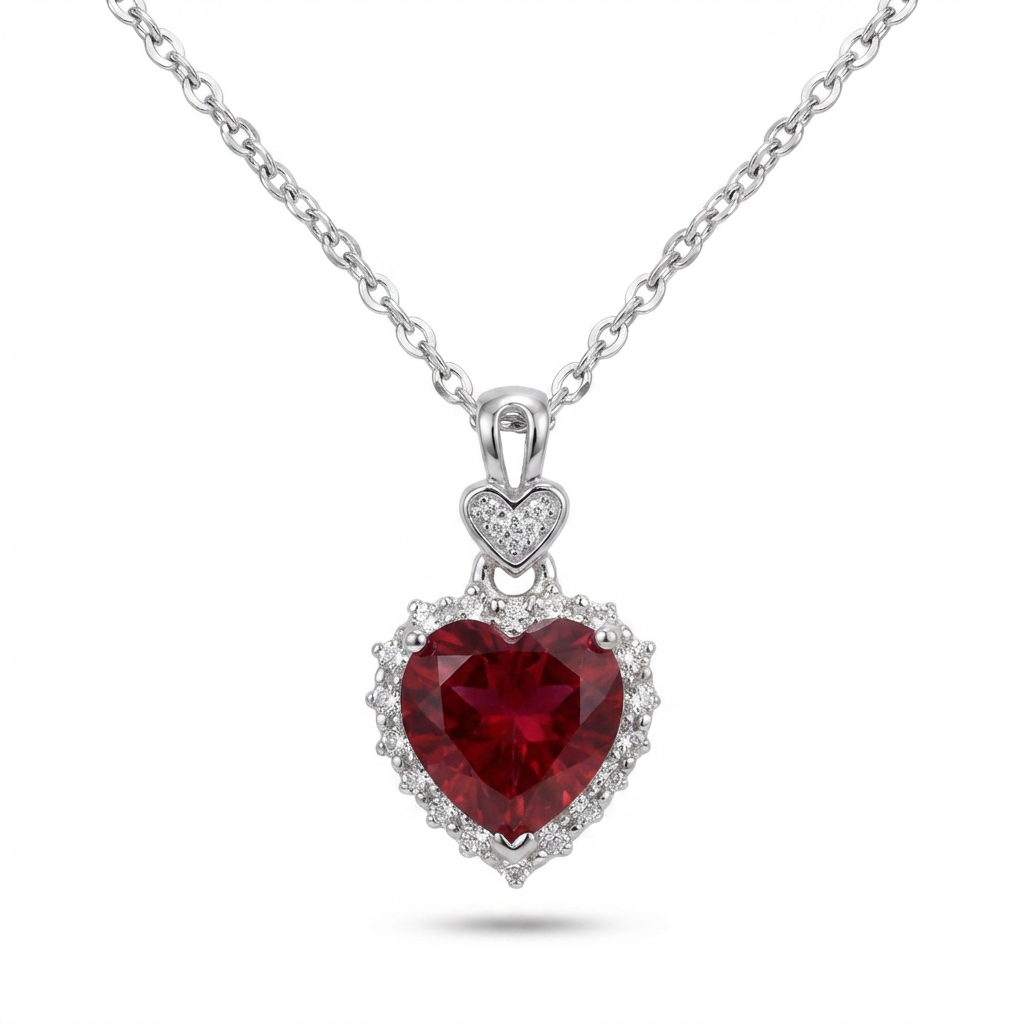 Pigeon Blood Lab Ruby Heart Necklace – Moissanite Halo, Sterling Silver