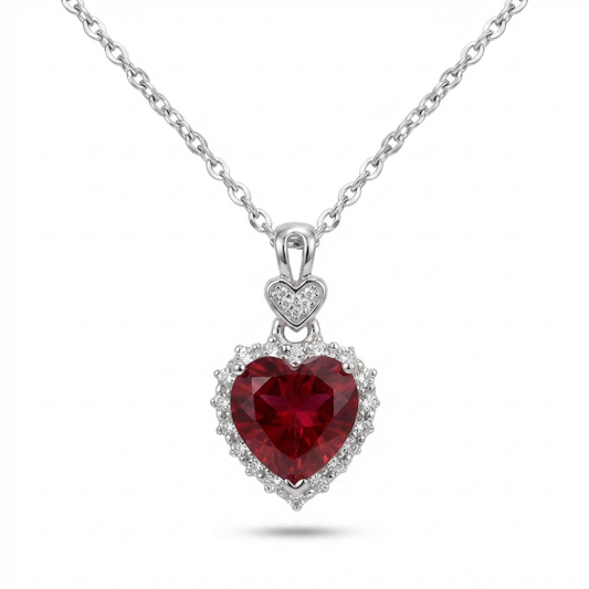Pigeon Blood Lab Ruby Heart Necklace – Moissanite Halo, Sterling Silver