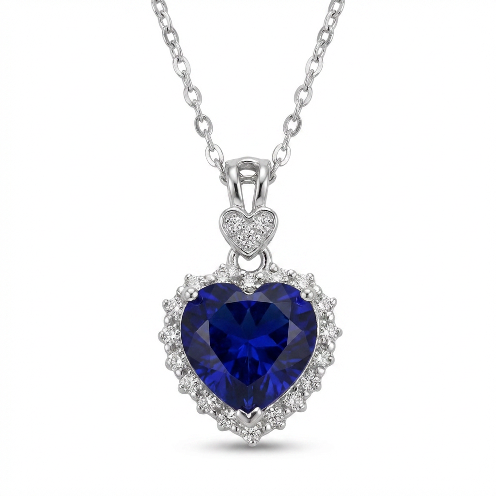 Royal Blue Lab Sapphire Heart Necklace – Moissanite Halo, Sterling Silver