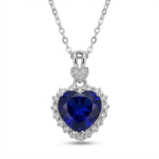 Royal Blue Lab Sapphire Heart Necklace – Moissanite Halo, Sterling Silver