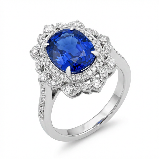 Royal Blue Lab Sapphire & Moissanite Halo Ring – Sterling Silver