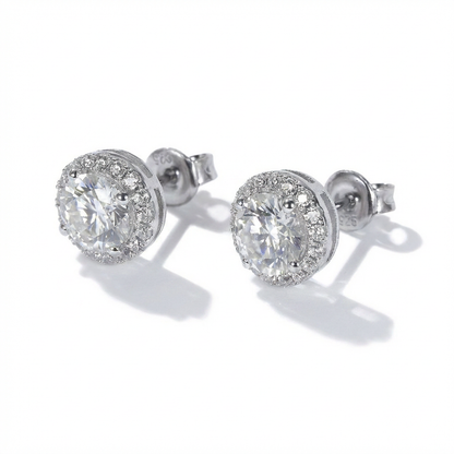 Moissanite Halo Stud Earrings – 2.0ct DEF, 6.5mm Centre, Sterling Silver