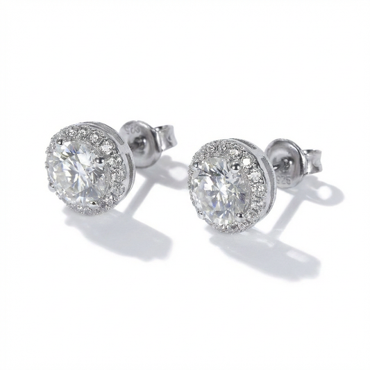 Moissanite Halo Stud Earrings – 2.0ct DEF, 6.5mm Centre, Sterling Silver