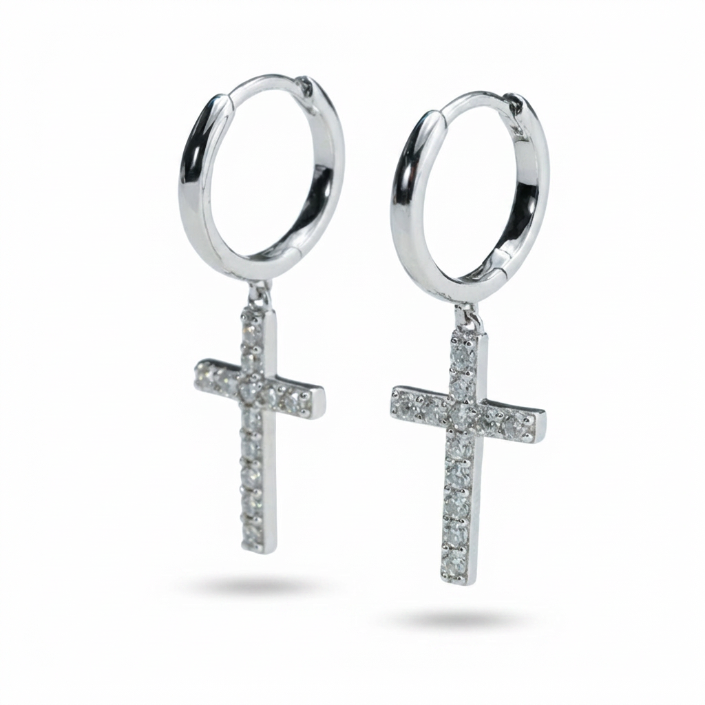 Moissanite Cross Drop Huggie Earrings – 0.96ct DEF, Sterling Silver