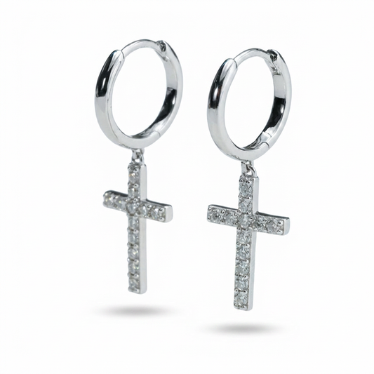 Moissanite Cross Drop Huggie Earrings – 0.96ct DEF, Sterling Silver