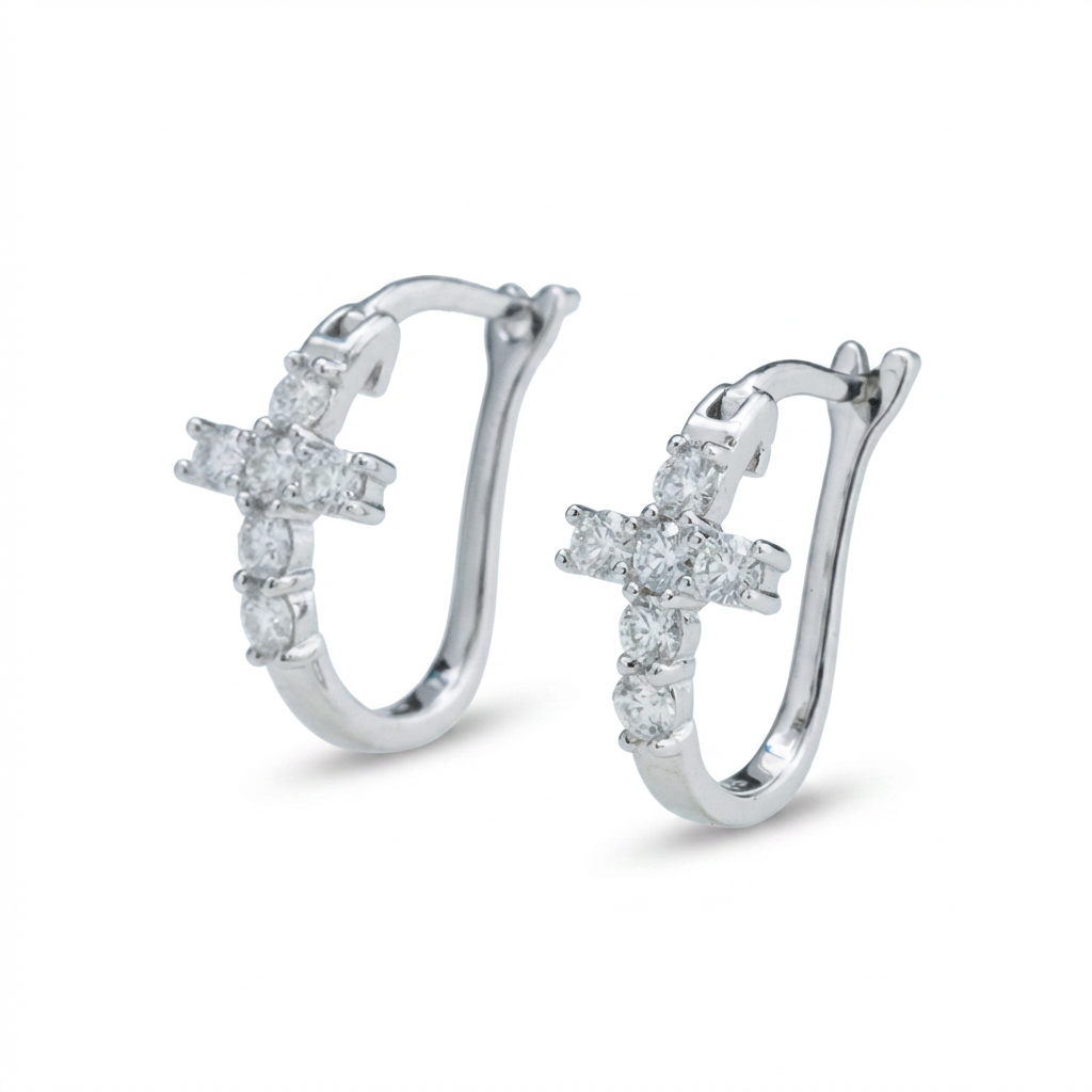 Moissanite Cross Huggie Earrings – 1.68ct DEF, Sterling Silver