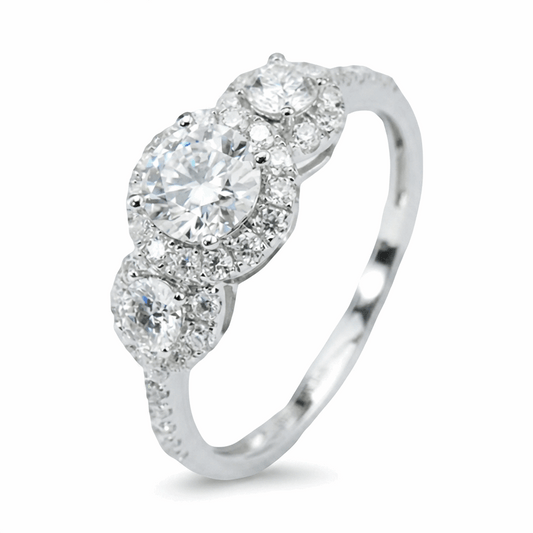 Moissanite Three-Stone Halo Pavé Ring