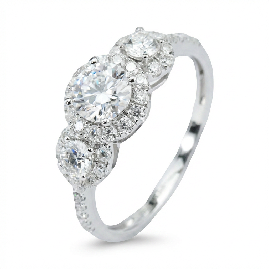 Moissanite Three-Stone Halo Pavé Ring – 2.12ct Total DEF, Sterling Silver