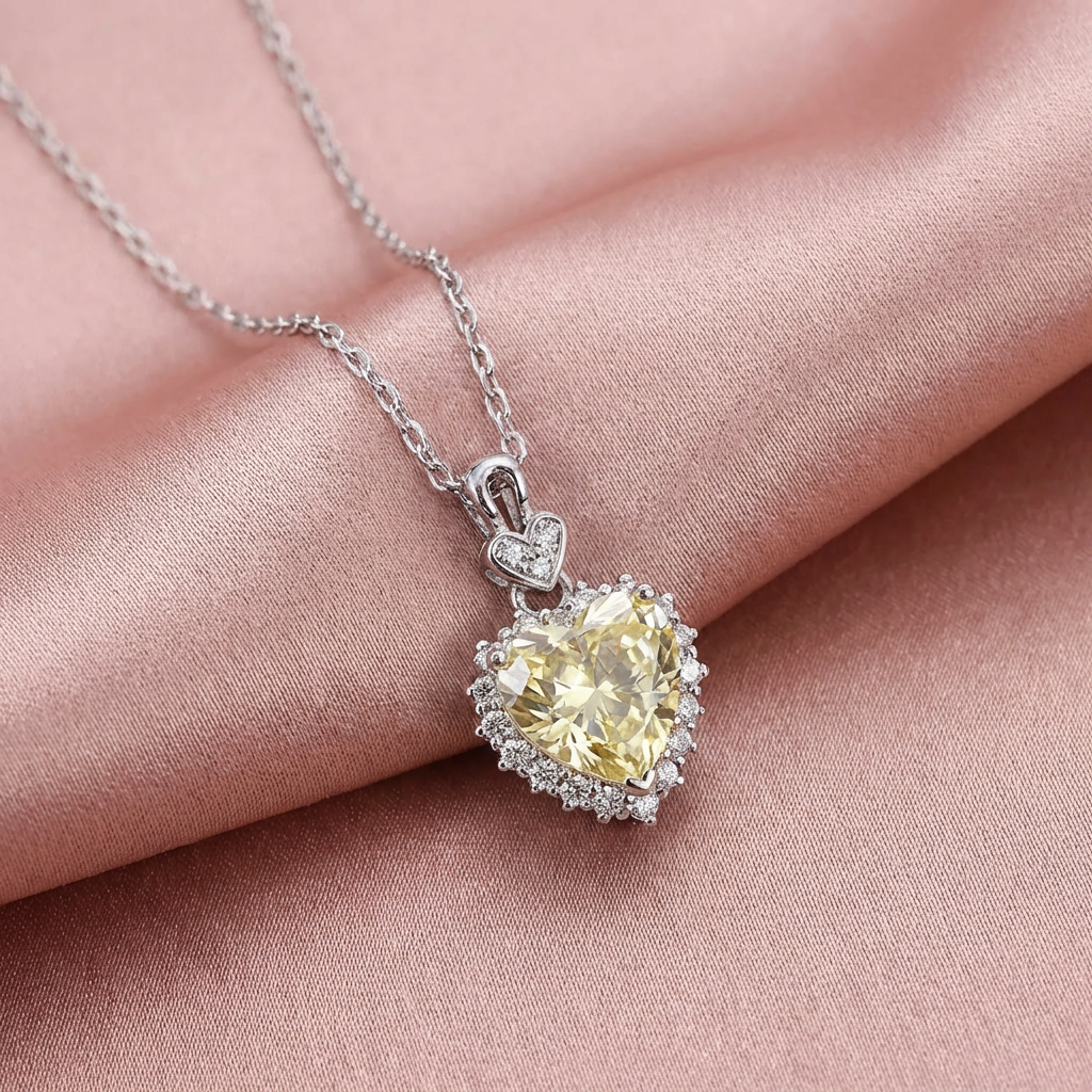 Yellow Crushed Ice CZ Heart Necklace – Moissanite Halo, Sterling Silver