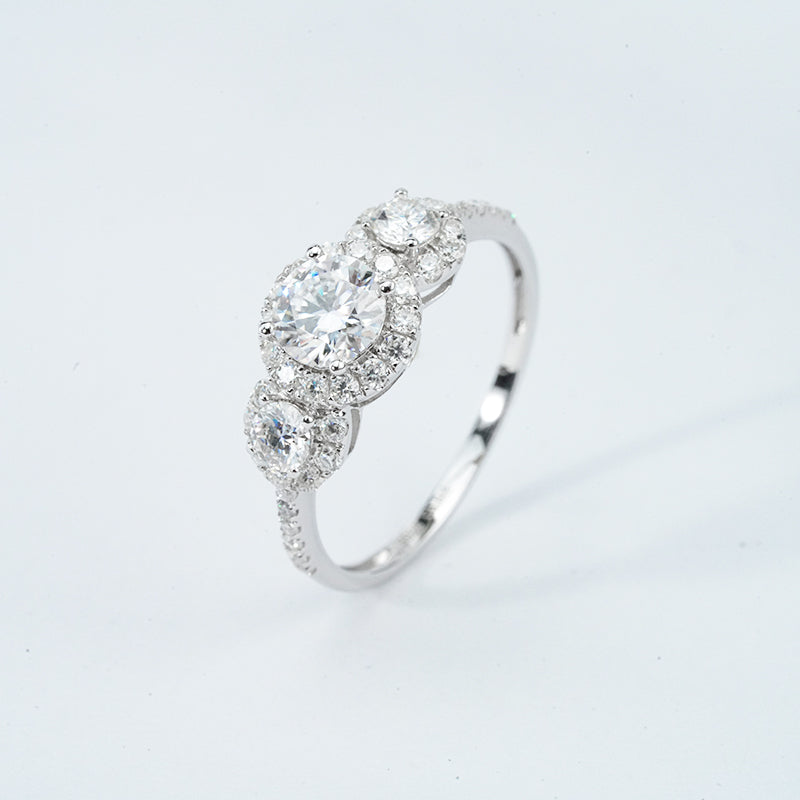 Moissanite Three-Stone Halo Pavé Ring – 2.12ct Total DEF, Sterling Silver