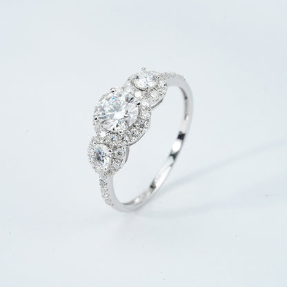 Moissanite Three-Stone Halo Pavé Ring – 2.12ct Total DEF, Sterling Silver