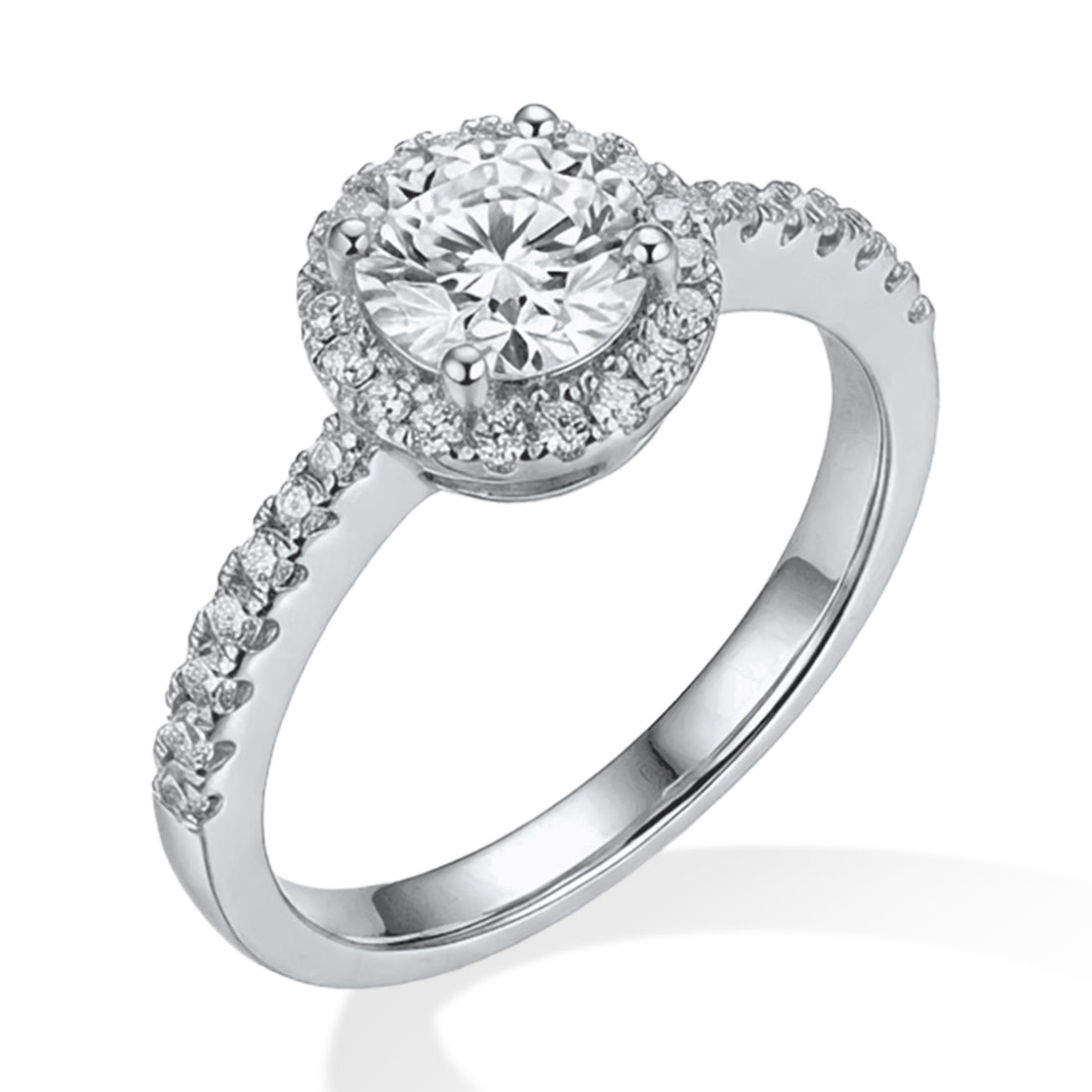 Silver ring with a large central diamond and smaller diamonds around on a white background