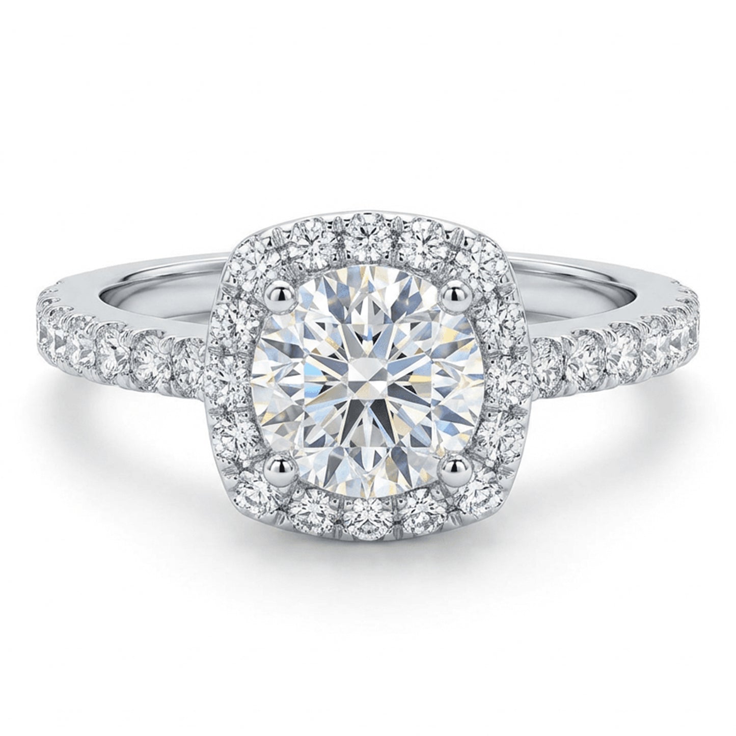 Cushion Halo Moissanite Ring with Pavé Band – 1.0ct