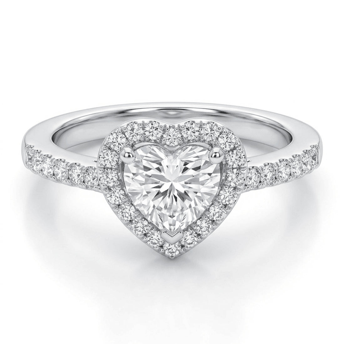 Diamond ring with heart-shaped center stone on a white background