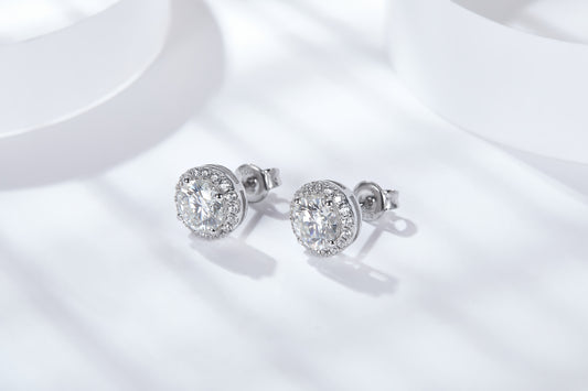 Moissanite Halo Stud Earrings – 2.0ct DEF, 6.5mm Centre, Sterling Silver