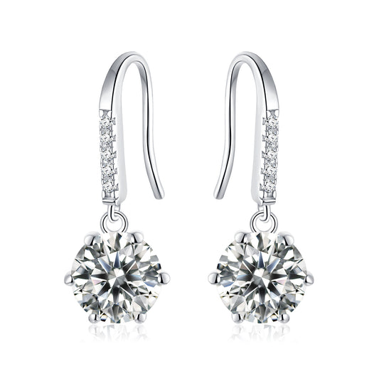 Moissanite Six‑Prong Drop Hook Earrings – 2.0ct Total (6.5mm), Sterling Silver