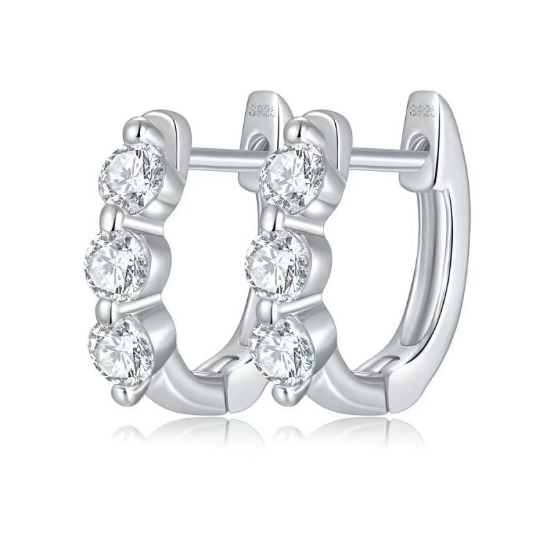 Moissanite Three-Stone Huggie Earrings – 0.48ct DEF, Sterling Silver