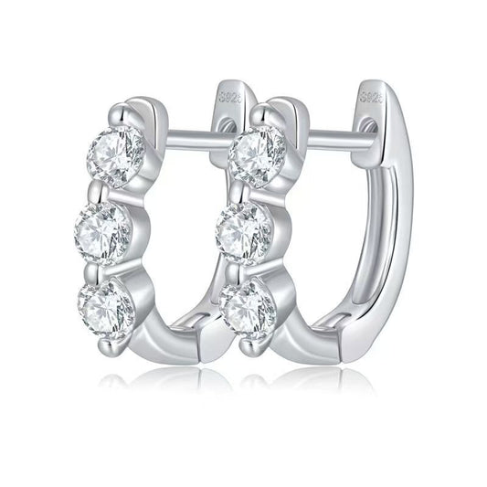 Moissanite Three-Stone Huggie Earrings – 0.48ct DEF, Sterling Silver