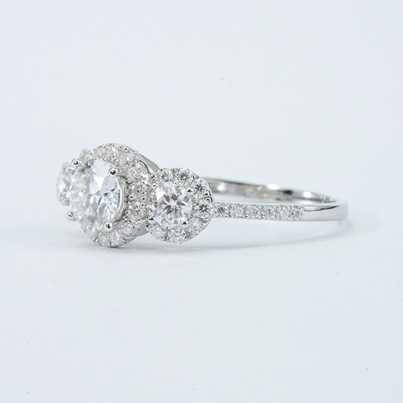 Moissanite Three-Stone Halo Pavé Ring – 2.12ct Total DEF, Sterling Silver